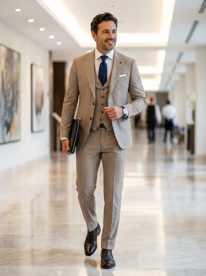 Kávébarna csíkos slim öltöny - Elite Fashion