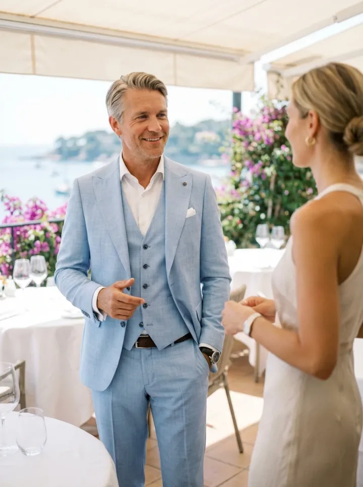 Vízkék háromrészes slim öltöny - Öltönyök Háza